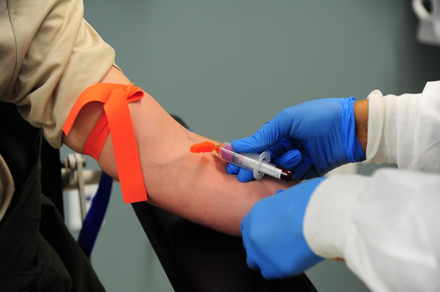 Senior Airman Lisa Jackson, 14th Medical Support Squadron Laboratory Technician, draws blood from 2nd Lt. Patrick Finn, 14th Student Squadron Student Pilot, May 22, 2017, at Columbus Air Force Base, Mississippi. Lab technicians must be good multitaskers and have great attention to detail to provide accurate results for their patients. (U.S. Air Force photo by Airman 1st Class Beaux Hebert)