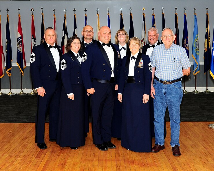 Senior Master Sgt. Gary Kimes stands with multiple chief master sergeants at the Chief Master Sergeant Recognition Ceremony May 20, 2017, at Columbus Air Force Base, Mississippi. Chief Master Sergeant Jimmie McNeely, retired, (right) was passing through Columbus AFB when he heard about the Chief Recognition Ceremony and attended the ceremony. McNeely retired in 1968 after serving for 22 years and was among the first chiefs to enter the Air Force. The rank of Chief is granted to only one percent of the enlisted force of the Air Force. (U.S. Air Force photo by Airman 1st Class Beaux Hebert)