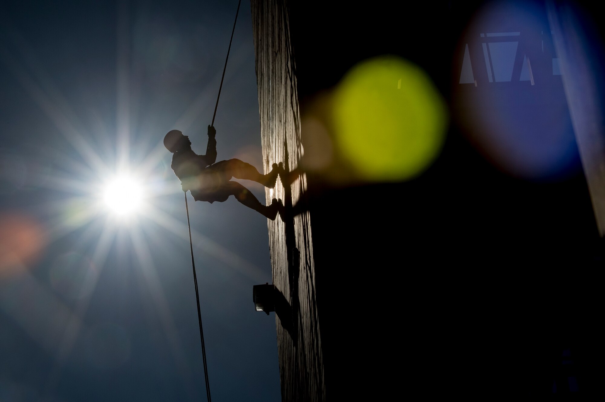 An Army Air Assault candidate rappels during an Army Air Assault assessment, May 17, 2017, at Moody Air Force Base, Ga. Twenty-six Airmen attended the assessment which measured candidates’ aptitude in Air Assault operations, completion of equipment layouts, and rappelling. (U.S. Air Force photo by Tech. Sgt. Zachary Wolf)