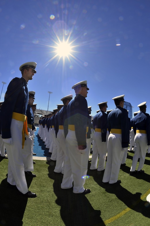 The U.S. Air Force Academy's Class of 2017 marches under the Sun to their seats in Falcon Stadium before their graduation ceremony begins, May 24, 2017. (U.S. Air Force photo/Bill Evans)