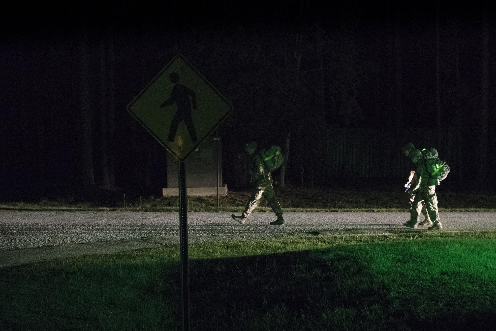 Army Air Assault candidates begin a 12-mile ruck march during an Army Air Assault Assessment, May 19, 2017, at Moody Air Force Base, Ga. Twenty-six Airmen attended the assessment which measured candidates’ aptitude in Air Assault operations, completion of equipment layouts, and rappelling. (U.S. Air Force photo by Tech. Sgt. Zachary Wolf)