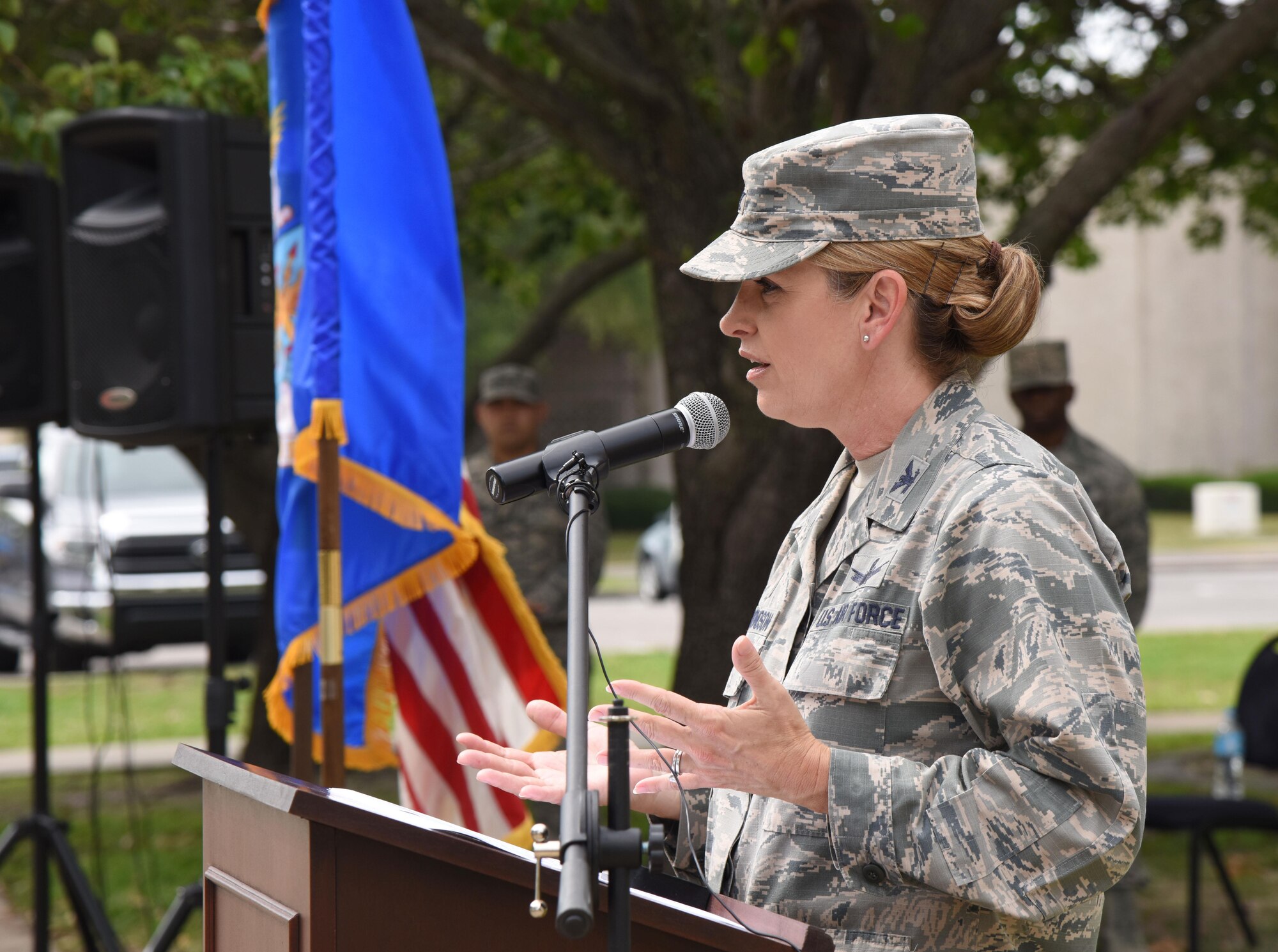 Col. Michele Edmondson, 81st Training Wing commander, delivers remarks during the Professional Development Center’s grand reopening and ribbon cutting ceremony May 17, 2017, on Keesler Air Force Base, Miss. The renovated facility offers developmental opportunities and various courses that fit the needs of officers, enlisted, civilians or reservists. (U.S. Air Force photo by Kemberly Groue)