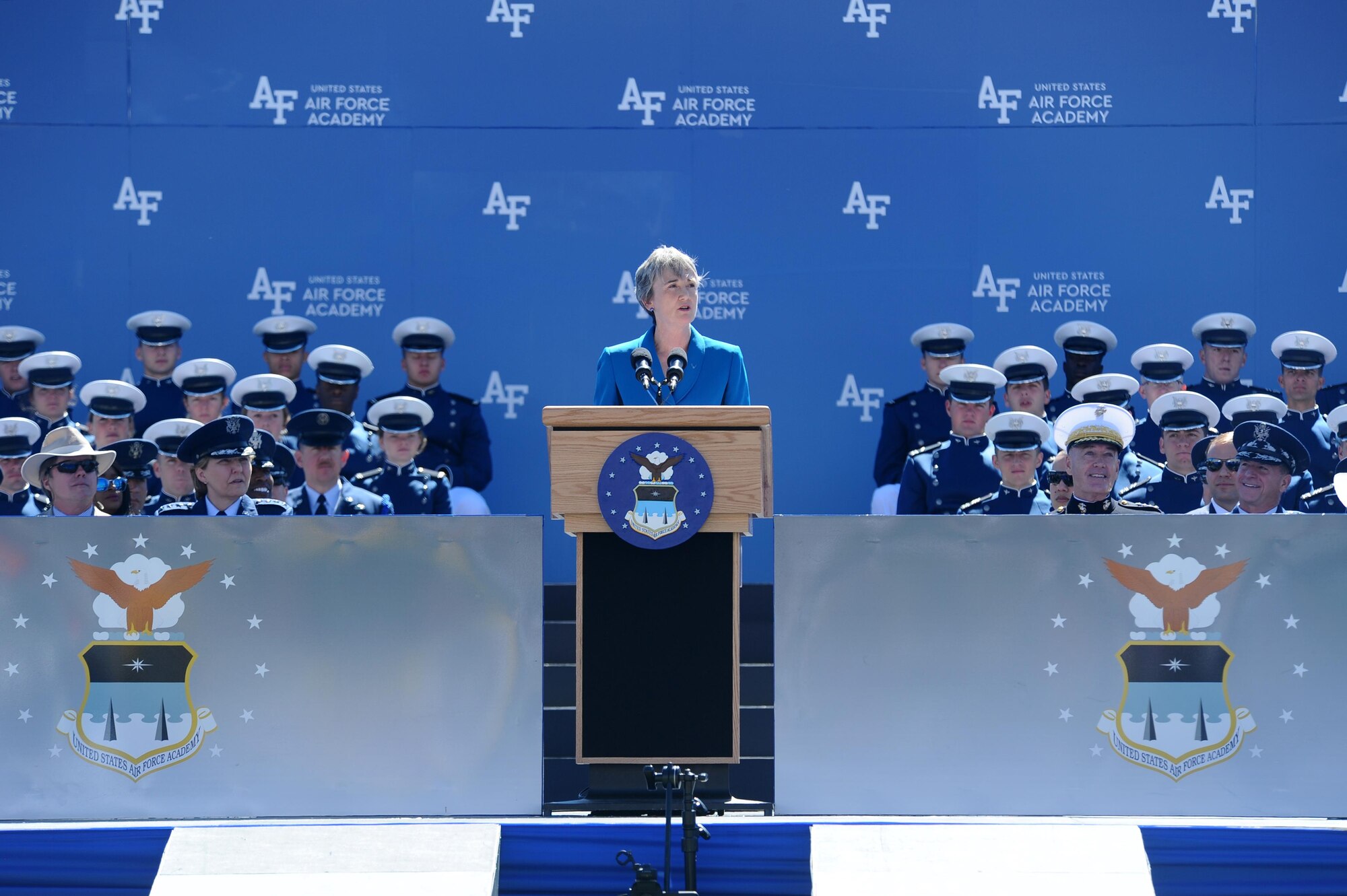Secretary of the Air Force Heather Wilson speaks to the U.S. Air Force Academy's Class of 2017, May 24, 2017, in Falcon Stadium. Wilson encouraged the newly-commissioned officers to thank their families, friends, and the Academy's faculty and staff for helping them reach graduation day. (U.S. Air Force photo/Tech. Sgt. Delos Reyes)