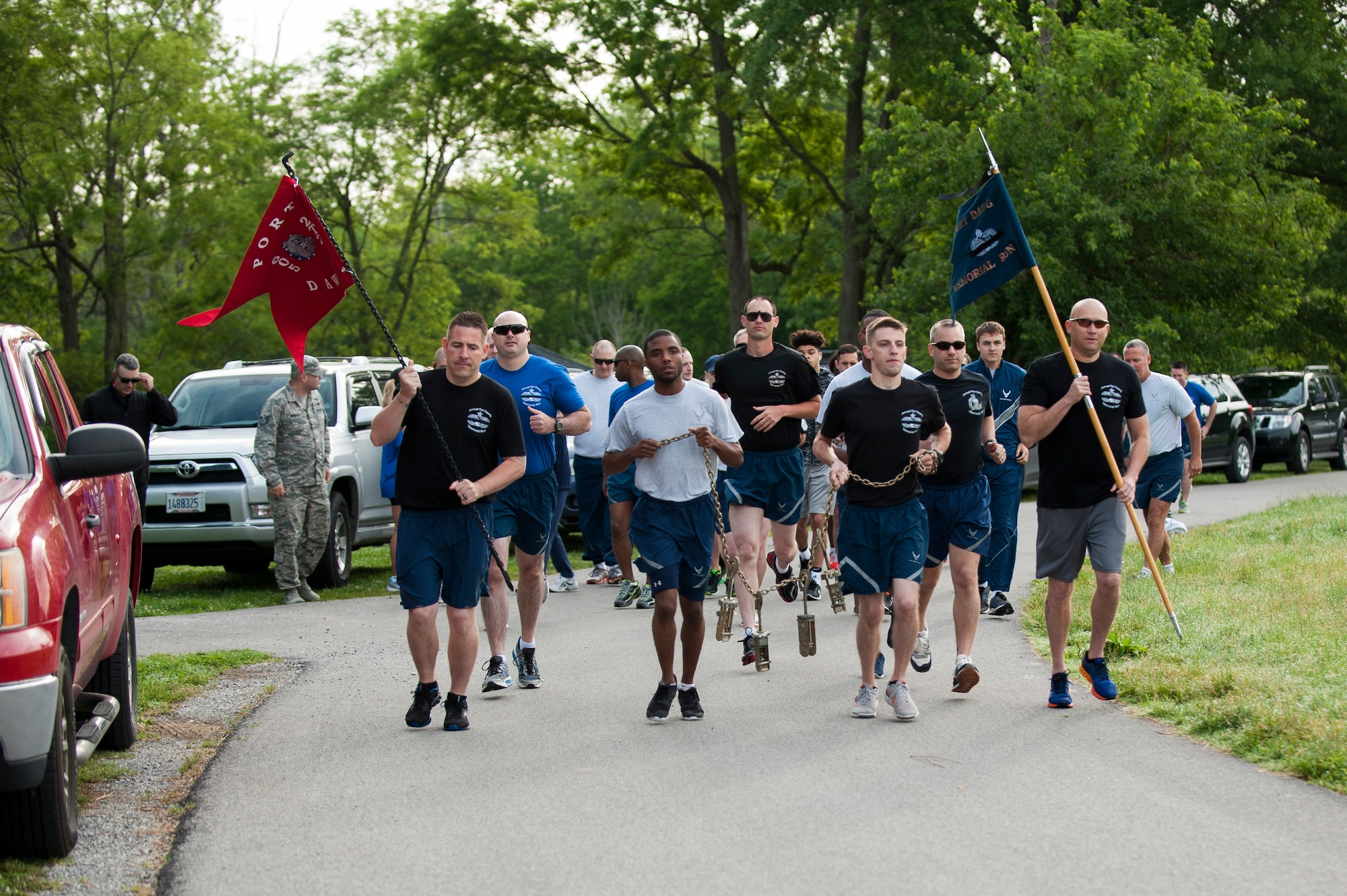 Air transportation specialists participate in the 2017 Port Dawg Memorial Run at Scott Air Force Base, Ill., May 22, 2017. The run is an annual event to honor fallen aerial porters. (U.S. Air Force photo by Staff Sgt. Clayton Lenhardt)
