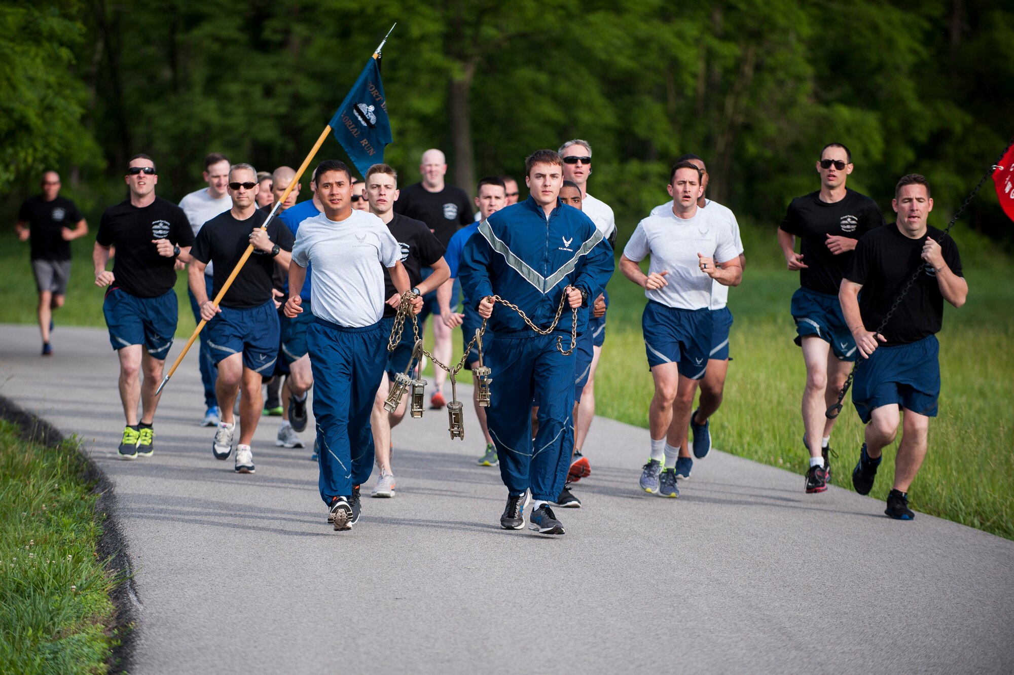 Air transportation specialists participate in the 2017 Port Dawg Memorial Run at Scott Air Force Base, Ill., May 22, 2017. The run is an annual event to honor fallen aerial porters. (U.S. Air Force photo by Staff Sgt. Clayton Lenhardt)