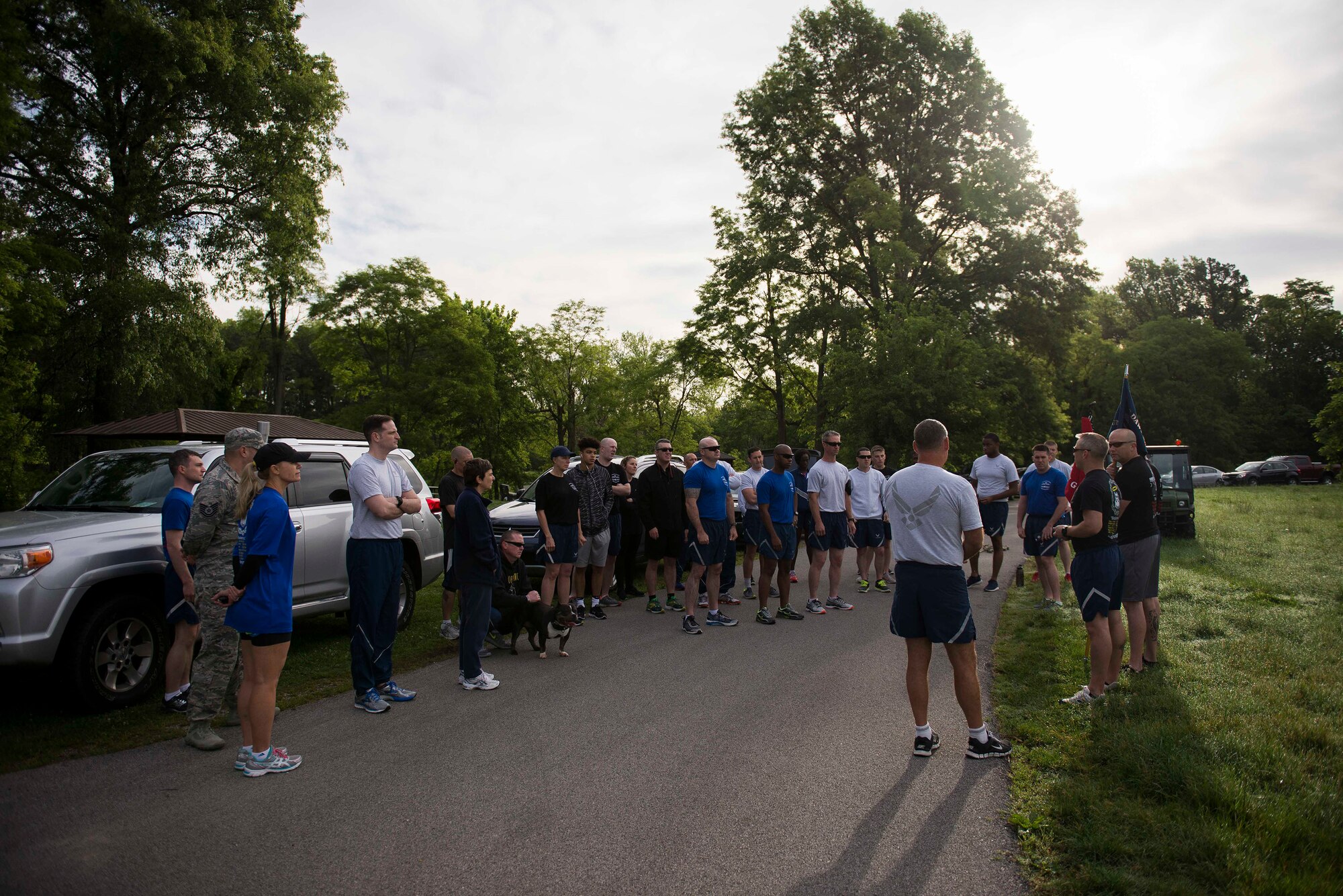 Air transportation specialists gather at the start of the 2017 Port Dawg Memorial Run at Scott Air Force Base, Ill., May 22, 2017. The run is an annual event to honor fallen aerial porters. (U.S. Air Force photo by Staff Sgt. Clayton Lenhardt)
