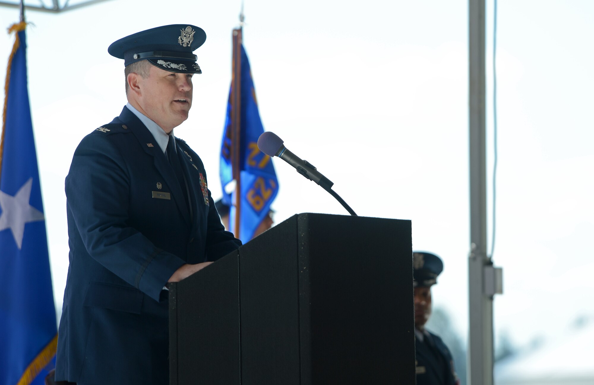Col. William Percival, 627th Air Base Group commander, thanks attendees at the 627th ABG change of command ceremony after taking command May 24, 2017, at Joint Base Lewis-McChord, Wash. Percival comes to the Pacific Northwest from the 612th Combined Air and Space Operations Center, Davis-Monthan Air Force Base, Ariz., where he served as the chief of Air Mobility Division overseeing a 24-member division where he directed U.S. Southern Command’s intra-theater airlift and air refueling operations in Central America, South America, and the Caribbean. (U.S. Air Force photo/Senior Airman Divine Cox)
