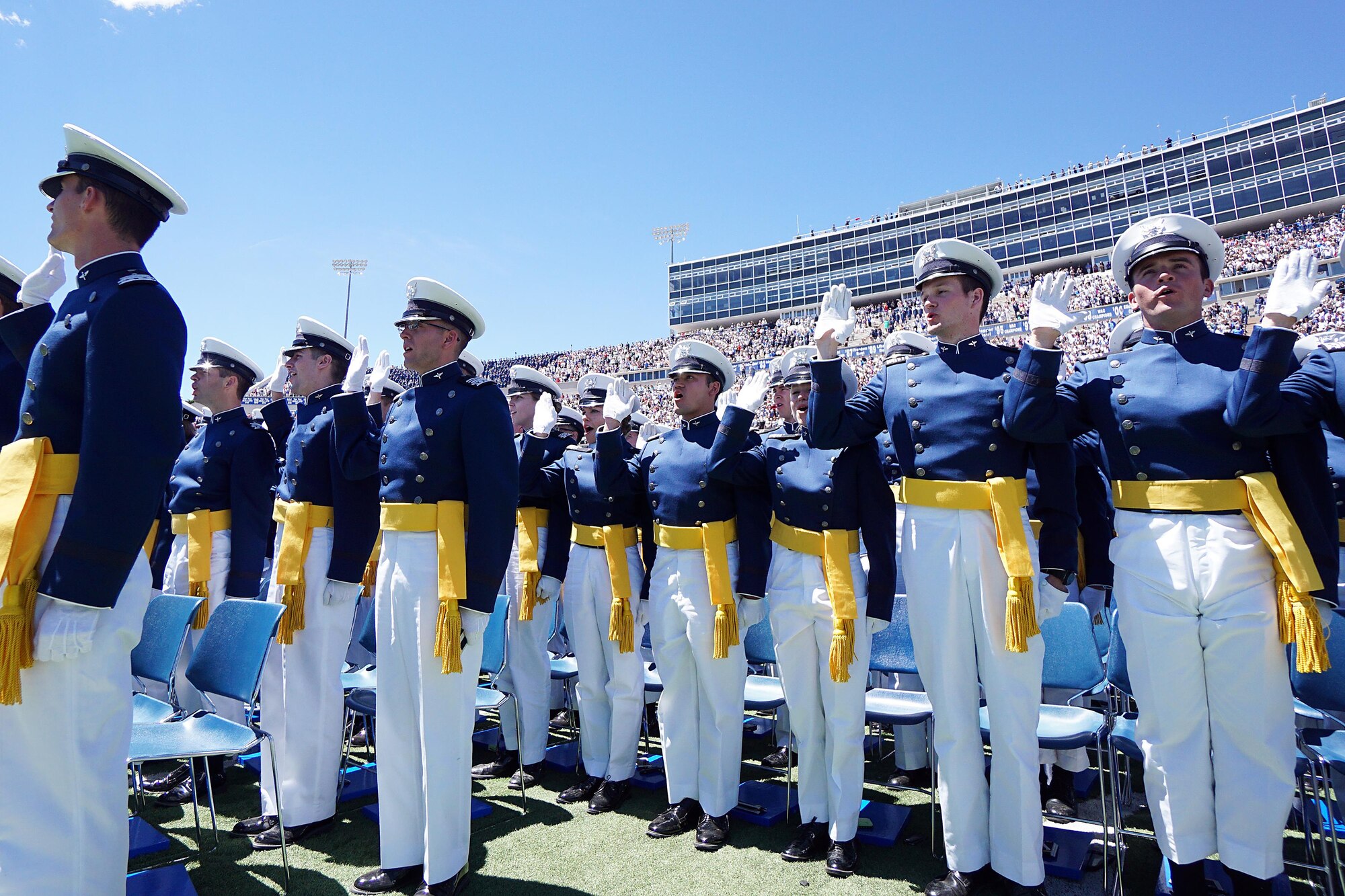 The Class of 2017 at the U.S. Air Force Academy takes the Oath of Office as newly-commissioned second lieutenant in the U.S. Air Force, May 24, 2017, at Falcon Stadium. (U.S. Air Force photo/Jason Gutierrez)