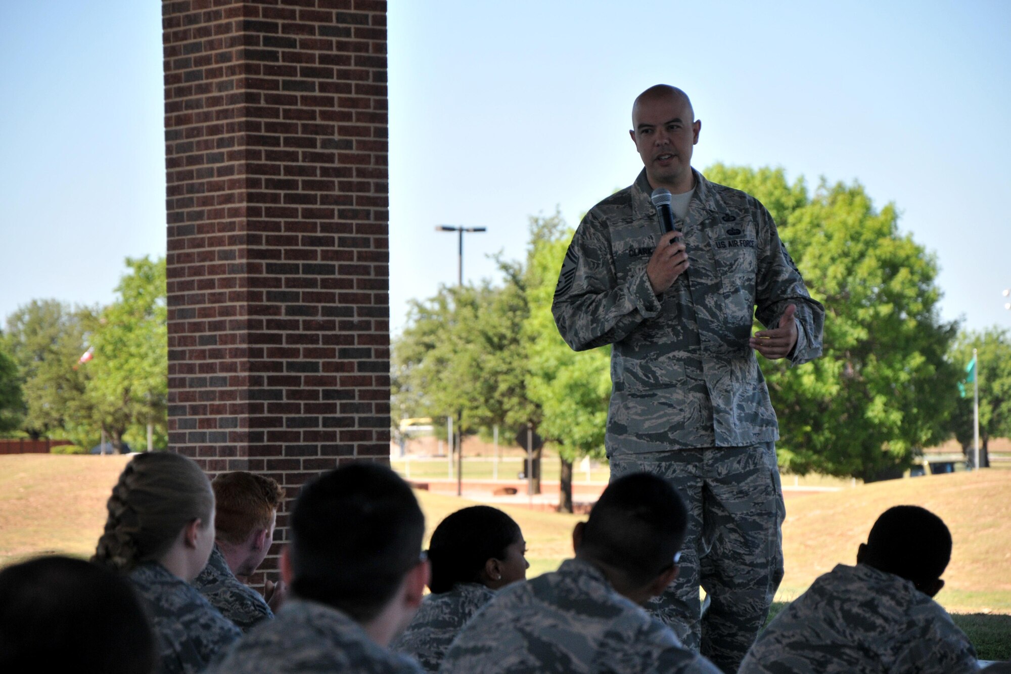 U.S. Air Force Senior Master Sgt. David Clark, Wing Staff Agency first sergeant, shares a personal story with students for the Real Talks program on Goodfellow Air Force Base, Texas, May 25, 2017. Clark shared his story to emphasize that everyone makes mistakes. Real Talks are designed to encourage Airmen to discuss important topics such as alcohol, sexual assault and violence. (U.S. Air Force photo by Airman 1st Class Randall Moose/Released)