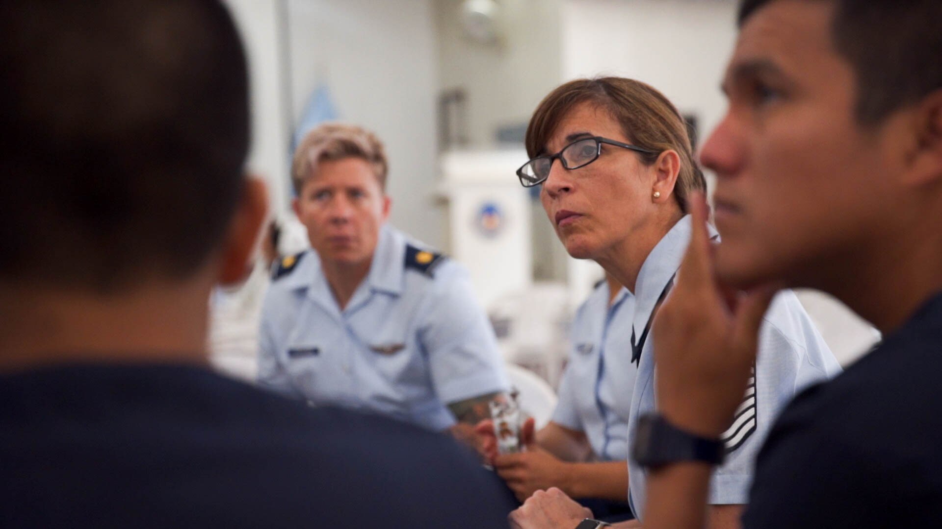 Senior Master Sgt. Felicita Sueiras, Physiology Program Superintendent, Joint Base San Antonio-Randolph, Texas, participates in a discussion with Peruvian medical personnel during a subject matter expert exchange in Lima, Peru, May 17, 2017.  The goal of the global health exchange is to share best practices, enhance relationships, and build partnership capacities. (U.S. Air Force photo by Danny Rangel)