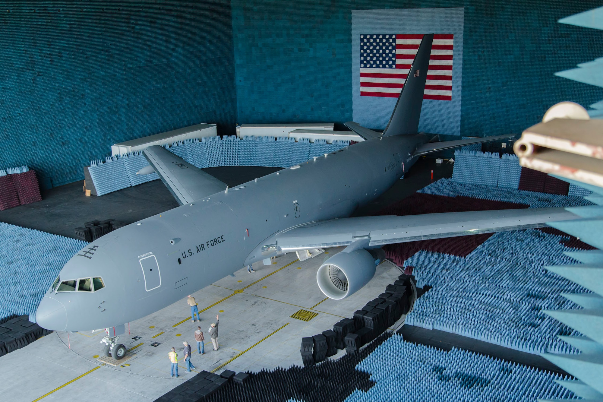 A Boeing KC-46 Pegasus is loaded on the rotating platform at the Benefield Anechoic Facility for a series of avionics tests at Edwards Air Force Base May 5. The anechoic facility provides a controlled electromagnetic environment and is shielded against radio frequency interference. (U.S. Air Force photo by Christopher Okula)