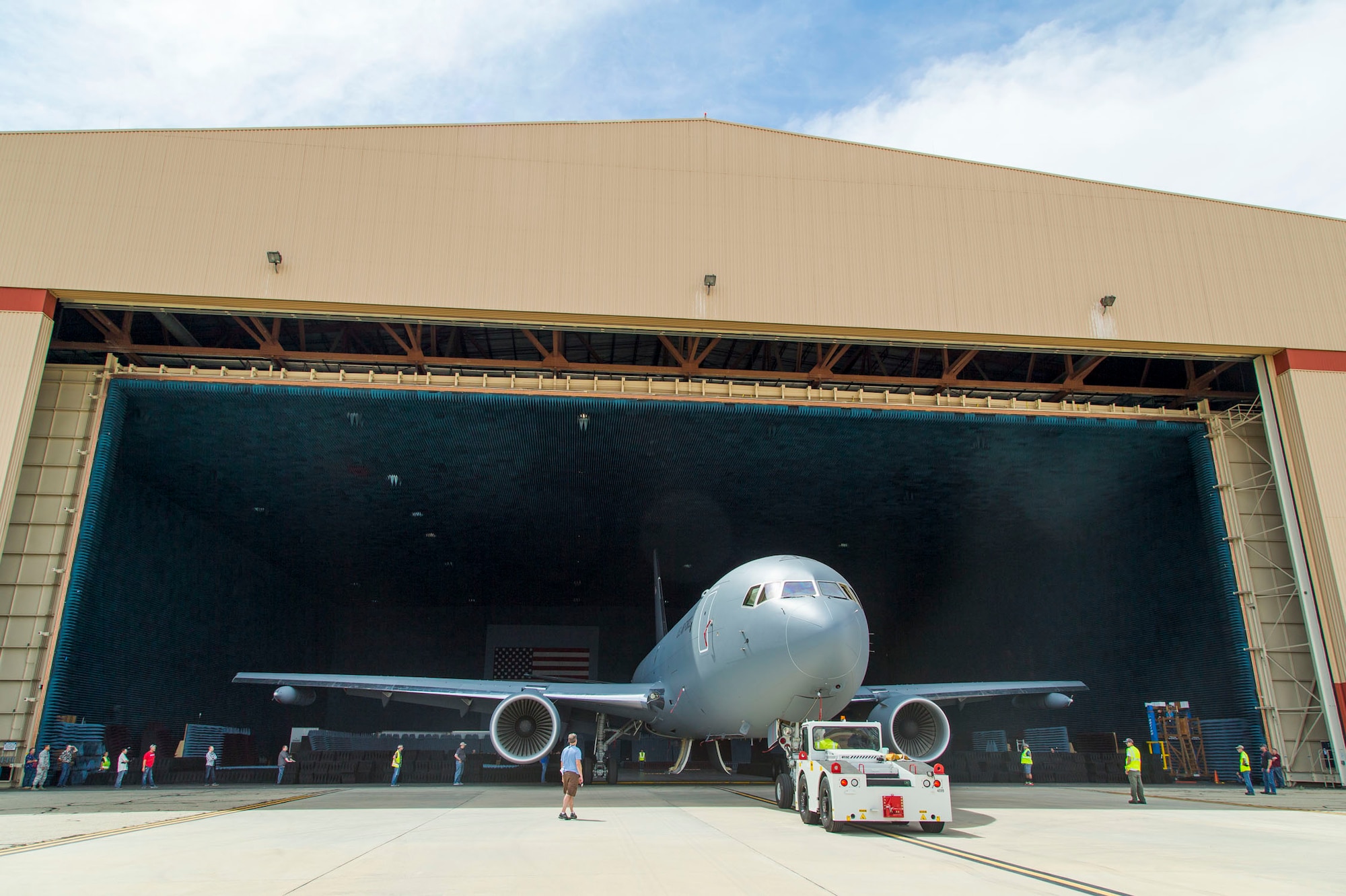 A KC-46A Pegasus is moved into the Benefield Anechoic Facility May 5. The BAF at Edwards is the largest anechoic chamber in the world and can fit most aircraft inside. (U.S. Air Force photo by Christopher Okula)