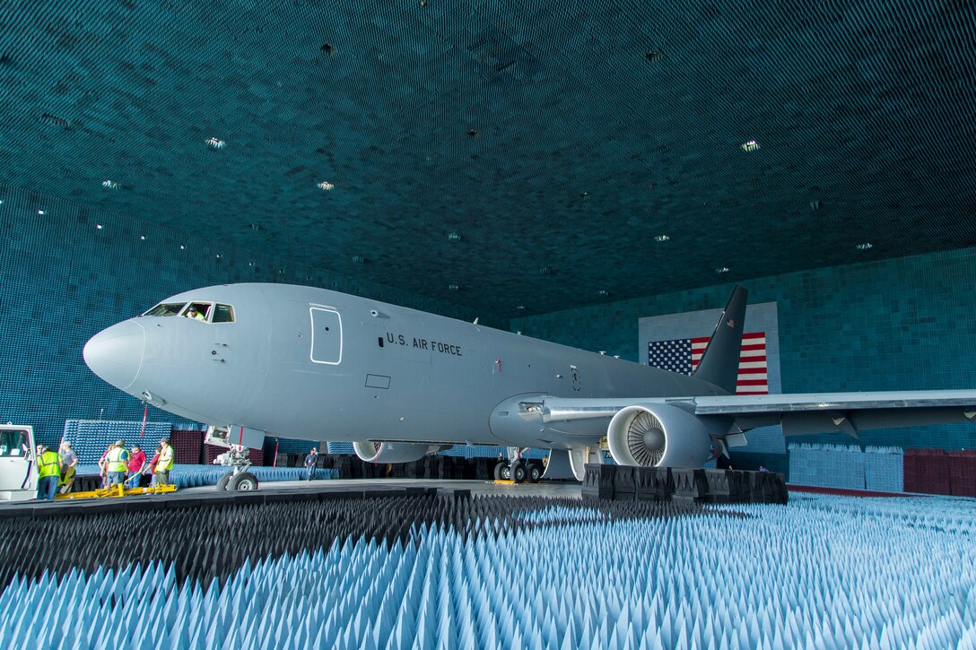 The BAF, operated by the 772nd Test Squadron, is the largest anechoic chamber in the world and can fit most aircraft inside. It provides a free space so electronic warfare tests can be conducted without radio frequency interference from the outside world. The chamber is filled with polyurethane and polyethylene pyramids designed to stop reflections of electromagnetic waves. (U.S. Air Force photo by Christopher Okula)