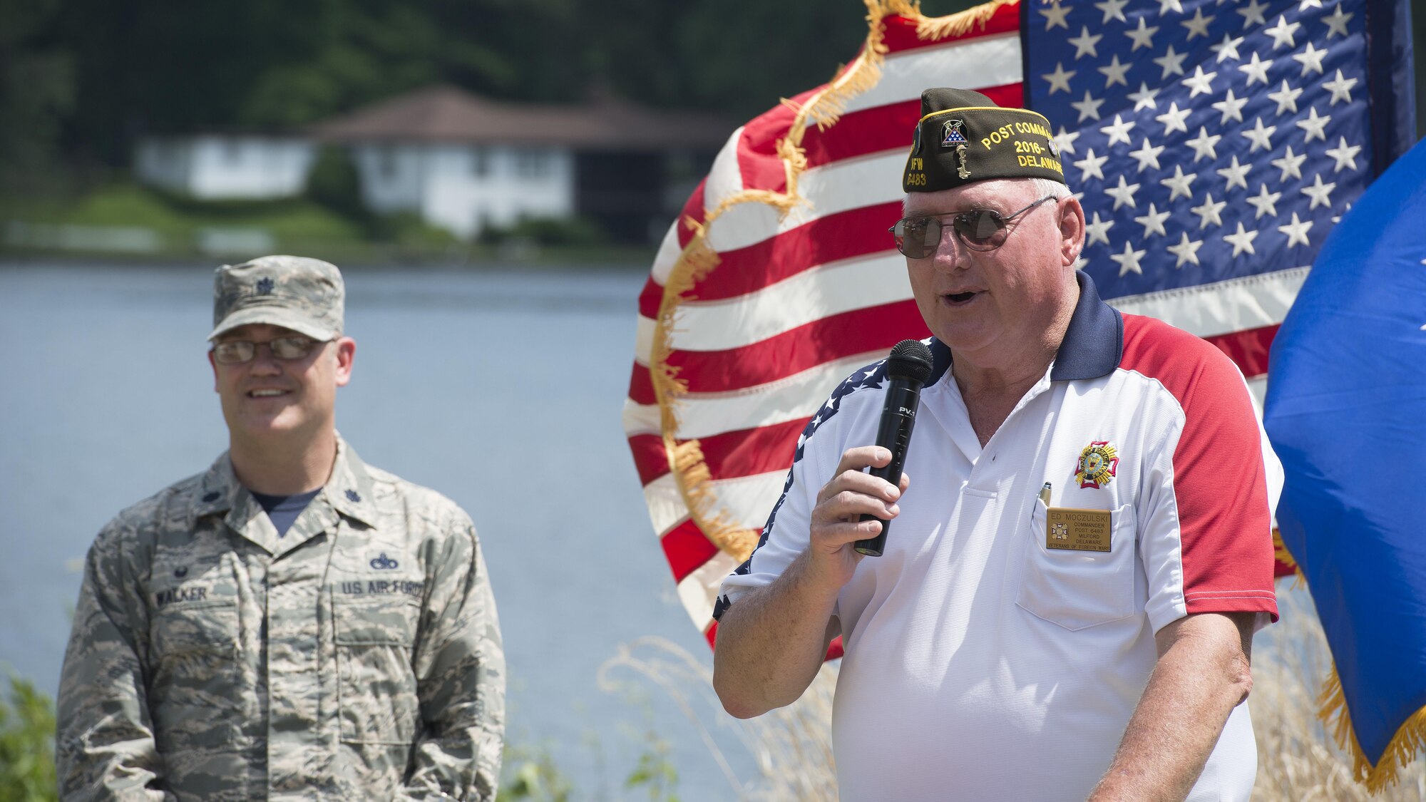 Ed Moczulski, Veterans of Foreign Wars Post 6483 commander, speaks at a VFW Adopt a Unit ceremony May 19, 2017, in Milford, Del. This mutual agreement includes voluntary support for any and all morale events, special projects and community relations, building opportunities as agreed upon by liaisons from both organizations. (U.S. Air Force photo by Senior Airman Zachary Cacicia)