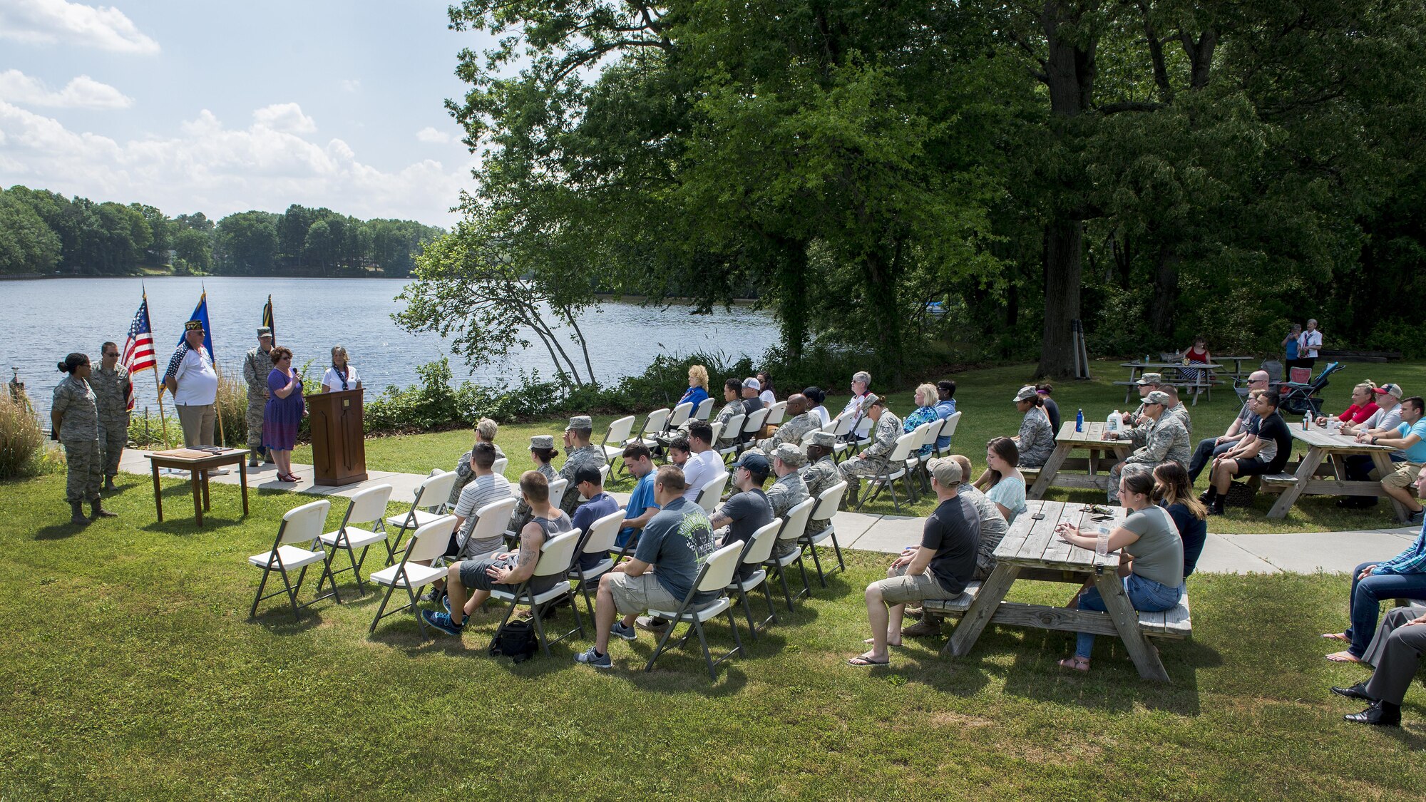 Veterans of Foreign Wars Post 6483 members and 436th Logistics Readiness Squadron Airmen attend a VFW Adopt a Unit ceremony May 19, 2017, in Milford, Del. The Adopt a Unit Program’s goal is to develop supportive relationships with units before, during and after deployments to help deliver the vast network of resources the VFW has available to the military. (U.S. Air Force photo by Senior Airman Zachary Cacicia)
