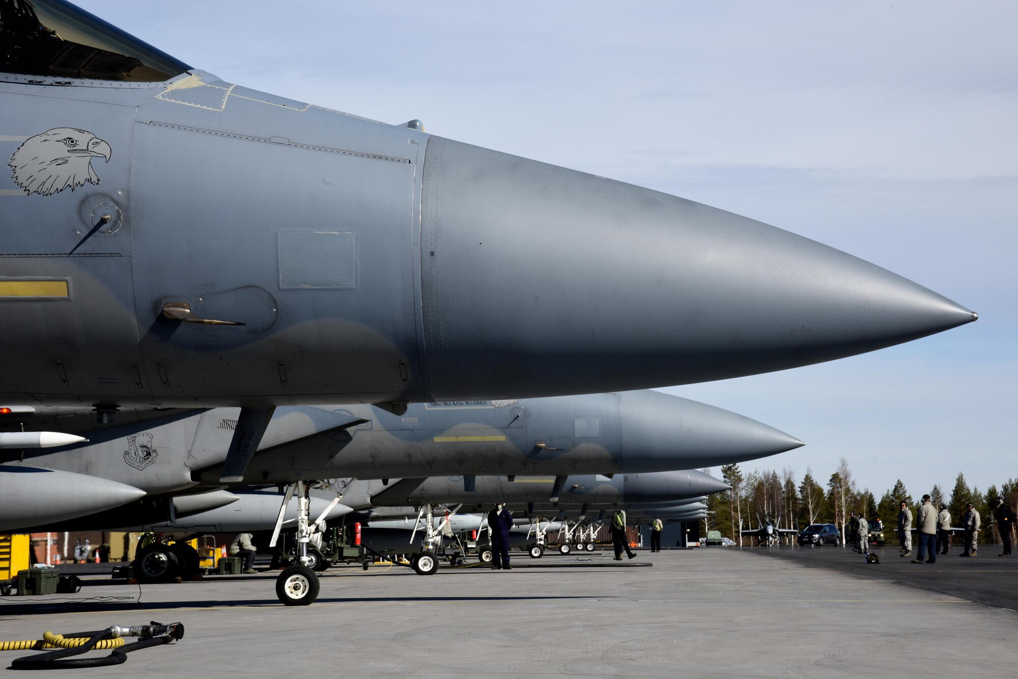 F-15C Eagles from the 493rd Fighter Squadron, Royal Air Force Lakenheath, England, prepare for a day of training at Rovaniemi Air Base, Finland, May 25. The U.S. shares a commitment to promoting peace and stability and seeks opportunities, such as participating in ACE 17, to continue developing its strong relationships with European allies and partners. (U.S. Air Force photo/Airman 1st Class Abby L. Finkel)