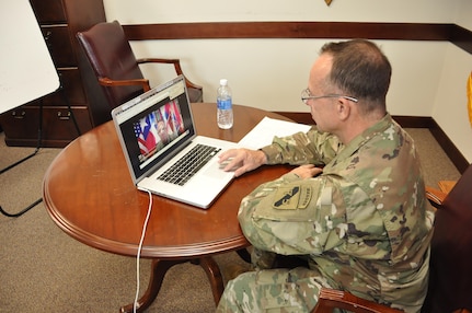 In this image released by the Army Reserve's 75th Training Command, Maj. Gen. James "Boe" Young, the unit's commanding general, addresses Soldiers and others as part of a live video "town hall" in Houston, Texas, Saturday, May 20, 2017. The unit chose the format partly due to the organization's geographic footprint. While headquartered in Houston, its subordinate units are located across the country, so the Facebook-hosted event provided an effective way to connect with those troops. Reserve units historically have had to look for creative ways to provide support and communication for its troops and family members, who often are not located near active duty bases where such support functions are readily available to the full-time force. (Photo/75th Training Command, Army Reserve Lt. Col. Adam Collett)