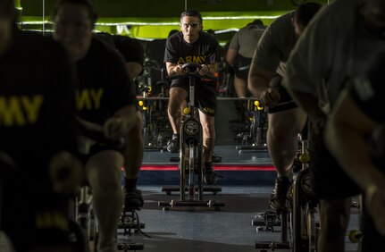 U.S. Army Reserve Soldiers from the 200th Military Police Command participate in a Spin class during a Performance Triad program organized by the command and hosted on Fort Meade, Maryland, May 9, 2017. The three-week fitness program took place from May 5-25 to help Soldiers who had either failed the Army Physical Fitness Test or had been on the Army Body Fat Composition program. The camp focused on the triad of overall health: physical fitness, nutrition and sleep, by providing education and personalized coaching to Soldiers in all three of those phases of life and more. (U.S. Army Reserve photo by Master Sgt. Michel Sauret)