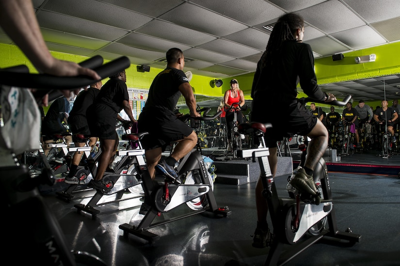 U.S. Army Reserve Soldiers from the 200th Military Police Command participate in a Spin class during a Performance Triad program organized by the command and hosted on Fort Meade, Maryland, May 9, 2017. The three-week fitness program took place from May 5-25 to help Soldiers who had either failed the Army Physical Fitness Test or had been on the Army Body Fat Composition program. The camp focused on the triad of overall health: physical fitness, nutrition and sleep, by providing education and personalized coaching to Soldiers in all three of those phases of life and more. (U.S. Army Reserve photo by Master Sgt. Michel Sauret)