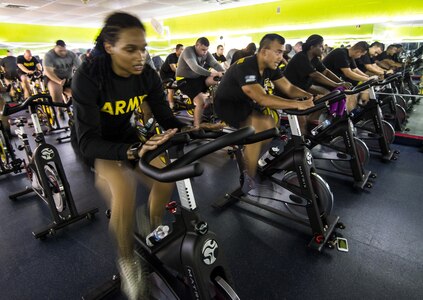 U.S. Army Reserve Soldiers from the 200th Military Police Command participate in a Spin class during a Performance Triad program organized by the command and hosted on Fort Meade, Maryland, May 9, 2017. The three-week fitness program took place from May 5-25 to help Soldiers who had either failed the Army Physical Fitness Test or had been on the Army Body Fat Composition program. The camp focused on the triad of overall health: physical fitness, nutrition and sleep, by providing education and personalized coaching to Soldiers in all three of those phases of life and more. (U.S. Army Reserve photo by Master Sgt. Michel Sauret)