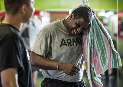 Spc. Coulter Brandon, a U.S. Army Reserve Soldier from the 200th Military Police Command, dries off after a shower during a Performance Triad program organized by the command and hosted on Fort Meade, Maryland, May 9, 2017. The three-week fitness program took place from May 5-25 to help Soldiers who had either failed the Army Physical Fitness Test or had been on the Army Body Fat Composition program. The camp focused on the triad of overall health: physical fitness, nutrition and sleep, by providing education and personalized coaching to Soldiers in all three of those phases of life and more. (U.S. Army Reserve photo by Master Sgt. Michel Sauret)