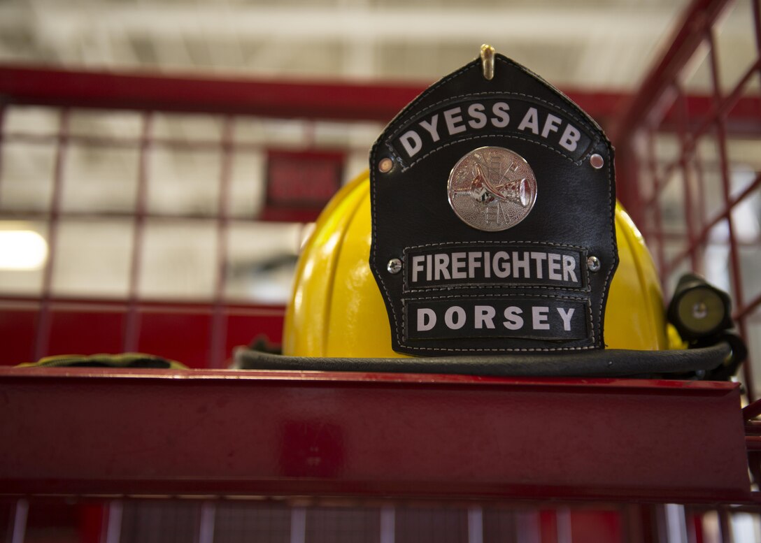A firefighter’s helmet sits in a locker bay at Dyess Air Force Base, Texas, May 22, 2017. Members of the 7th Civil Engineer Squadron Fire Prevention Team are split into two teams which change shifts every 24 hours – all year round. They are the first responders for all emergency situations such as: fires, car accidents and medical emergencies. (U.S. Air Force photo by Airman 1st Class Katherine Miller)