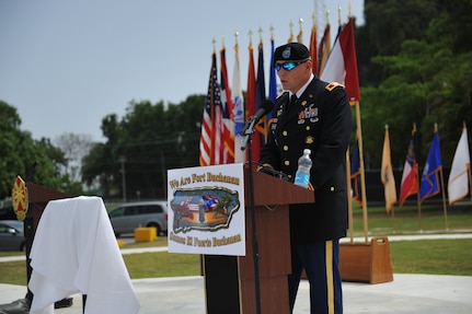 Col. Michael T. Harvey, Fort Buchanan Garrison Commander, delivers remarks during the Memorial Day ceremony at Soldiers Plaza, on Fort Buchanan, May 24.