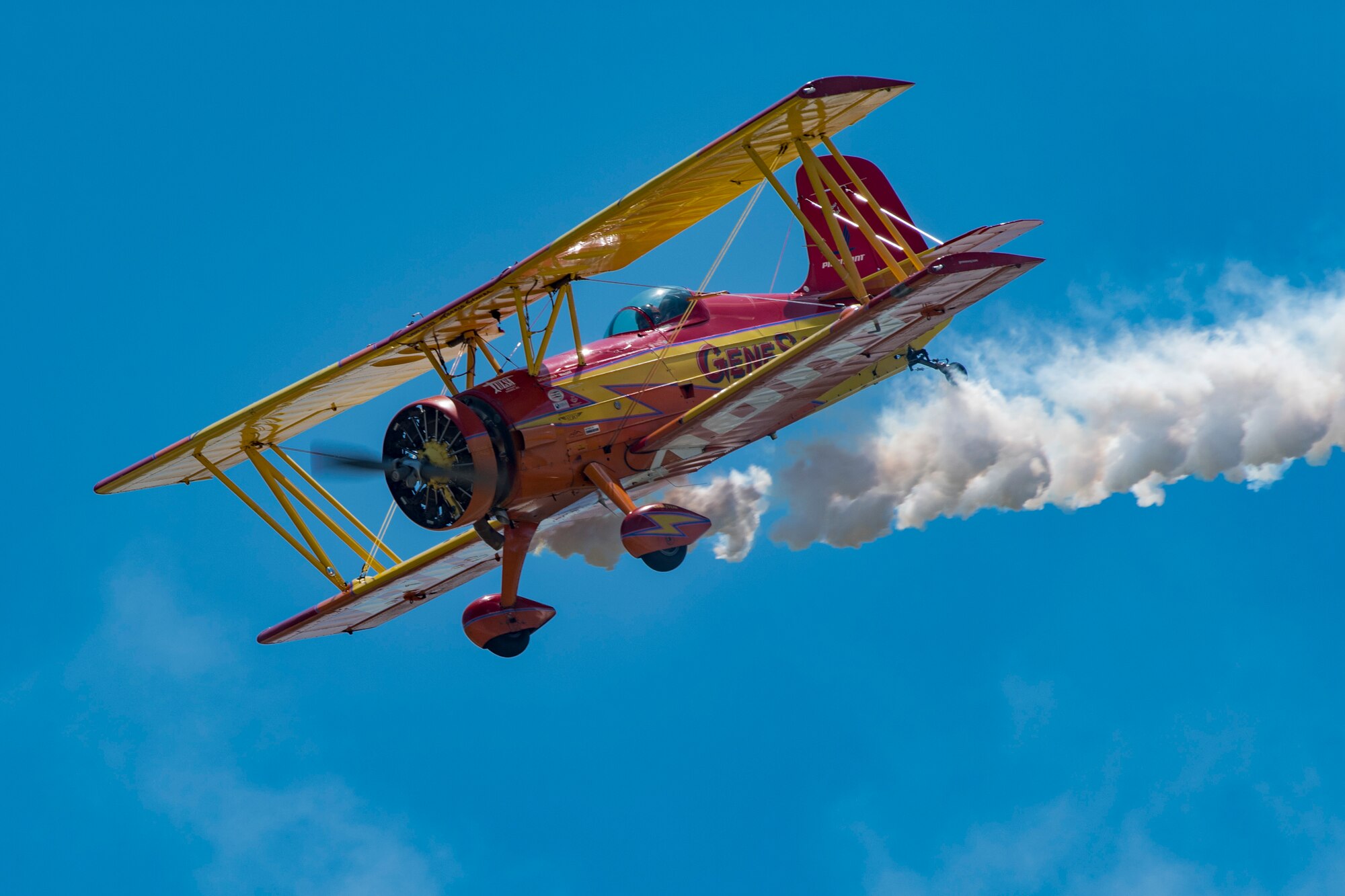 An aerial demonstration aircraft performs stunts for the crowd during the Wings Over Wayne Airshow 2017, May 19, 2017, at Seymour Johnson Air Force Base, N.C. The air show featured more than 30 aerial demonstrations and static displays at the event. (U.S. Air Force photo by Staff Sgt. Eric Summers Jr.)