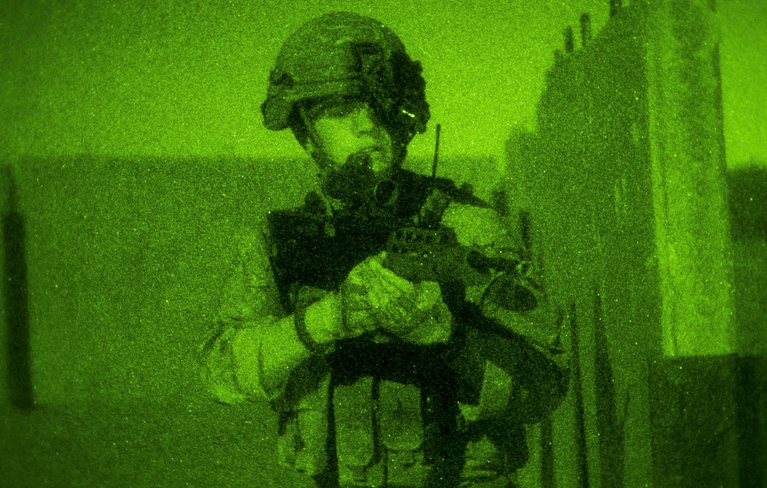 A Royal Marine Commando pulls security during Angel Thunder 17 in Florence, Ariz, May 11, 2017. Angel Thunder is a two-week, Air Combat Command-sponsored, joint certified and accredited personnel recovery exercise focused on search and rescue. The exercise is designed to provide provide training for personnel recovery assets using a variety of scenarios to simulate deployment conditions and contingencies. (U.S. Air Force photo/Staff Sgt. Sean Martin)