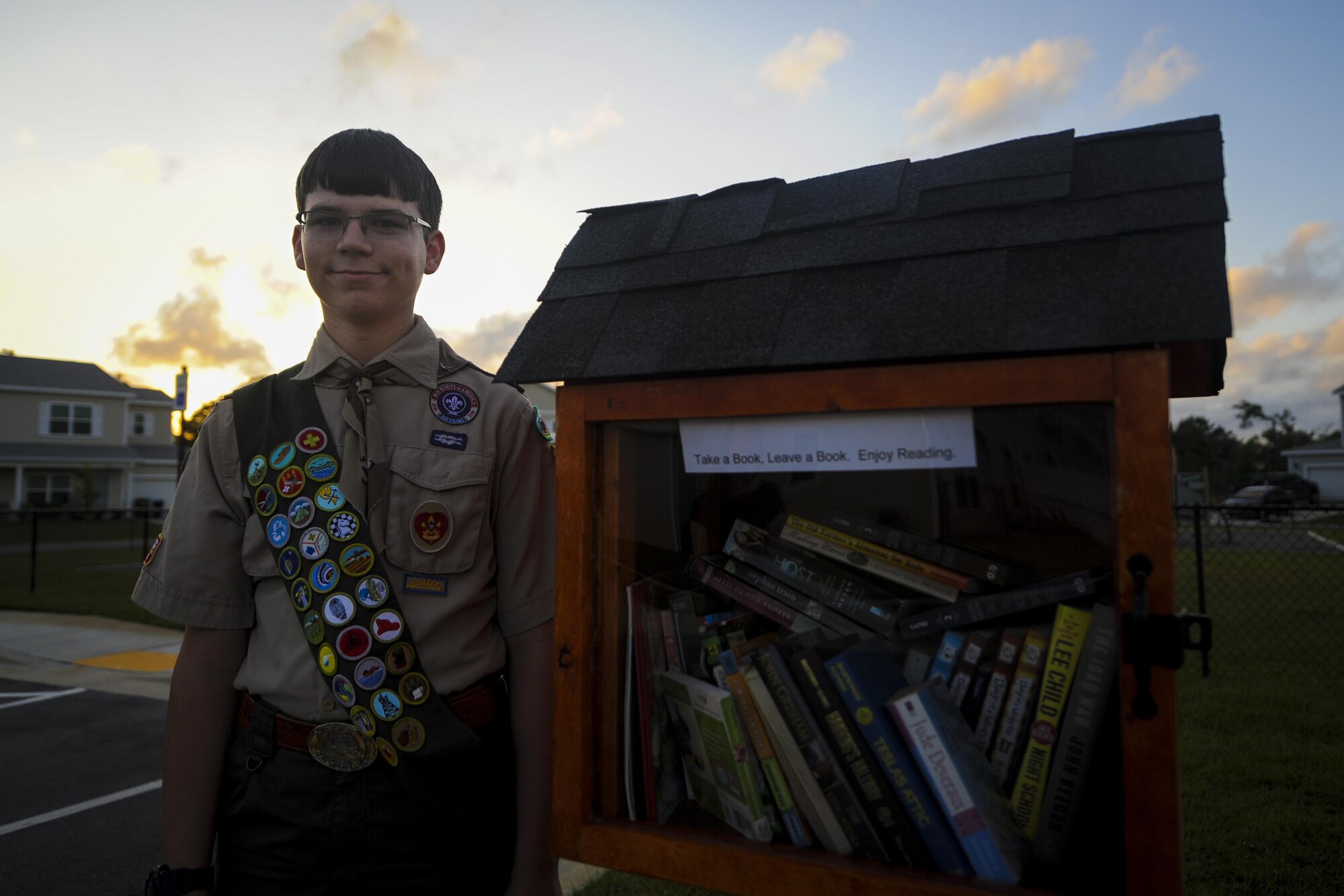 Aiden Holt, a Boy Scout with Boy Scout Troop 509 on Hurlburt Field, poses for a photo at Hurlburt Field, Fla., May 23, 2017. Holt built three Little Free Libraries on Hurlburt. A Little Free Library is a “take a book, leave a book” free book exchange. Anyone is encouraged to take, exchange or leave a book for others to read and expand their literacy. (U.S. Air Force photo by Airman 1st Class Dennis Spain)
