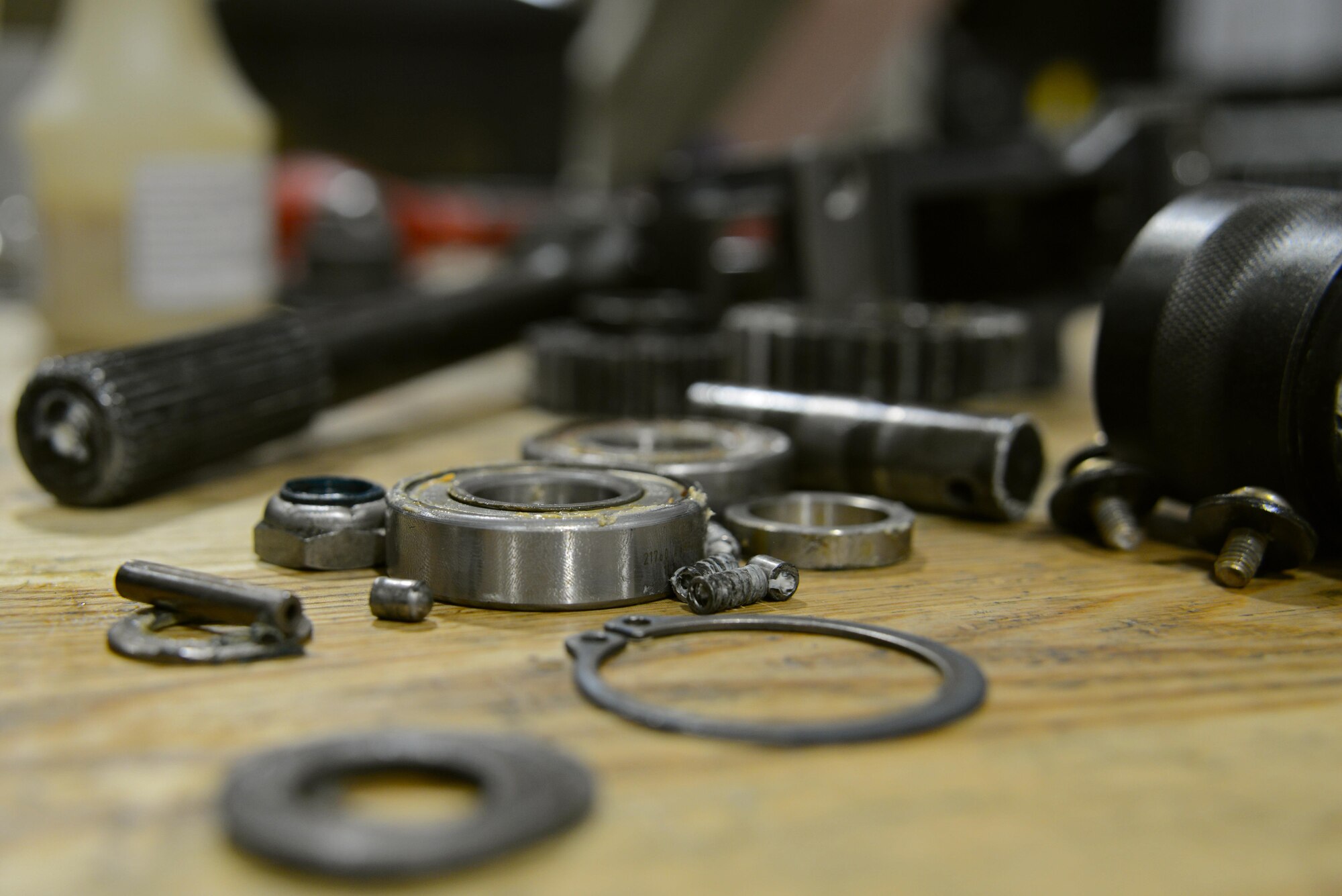 M61A1 Vulcan 20 mm rotary cannon exit unit components are arranged on a table at Shaw Air Force Base, S.C., May 22, 2017. Airmen from the 20th Equipment Maintenance Squadron disassembled the cannon, capable of firing 6,000 rounds per minute, for scheduled maintenance following it’s firing of 15,000 rounds. (U.S. Air Force photo by Airman 1st Class Kathryn R.C. Reaves)