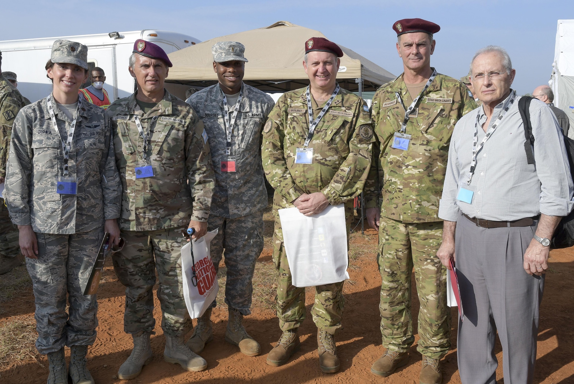 U.S. Air Force Major Ileana Oshea,116th Air Control Wing, Georgia Air National Guard, left, escort Argentine military members, guests of the Georgia National Guard around the Guardian Center, during the distinguished visitors tour, Perry Ga., March 29, 2017.  Argentina is the second state partner for the Georgia National Guard along with the Republic of Georgia. In support of theater commander’s security cooperation objectives, the National Guard has been building relationships through State Partnership Programs since 1993.