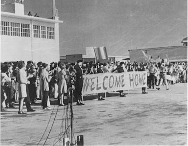 A cheering crowd greets former Vietnam prisoners of war returning home at Kelly Field, Texas, as part of Operation Homecoming, February 1973. (U.S. Air Force photo) (caption cited from http://www.AF.mil)
