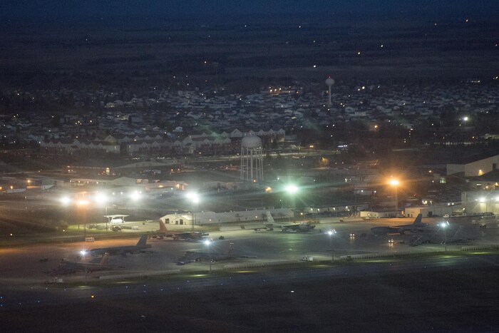 Aerial view of Minot Air Force Base, N.D., Nov. 2, 2016. Marine Corps Gen. Joe Dunford, the chairman of the Joint Chiefs of Staff; and Army Sgt. Maj. John W. Troxell, the senior enlisted advisor to the chairman, visited Minot AFB that day to observe the Air Force Nuclear Triad operations and to talk to airmen assigned to the base. DoD photo by Navy Petty Officer 2nd Class Dominique A. Pineiro
