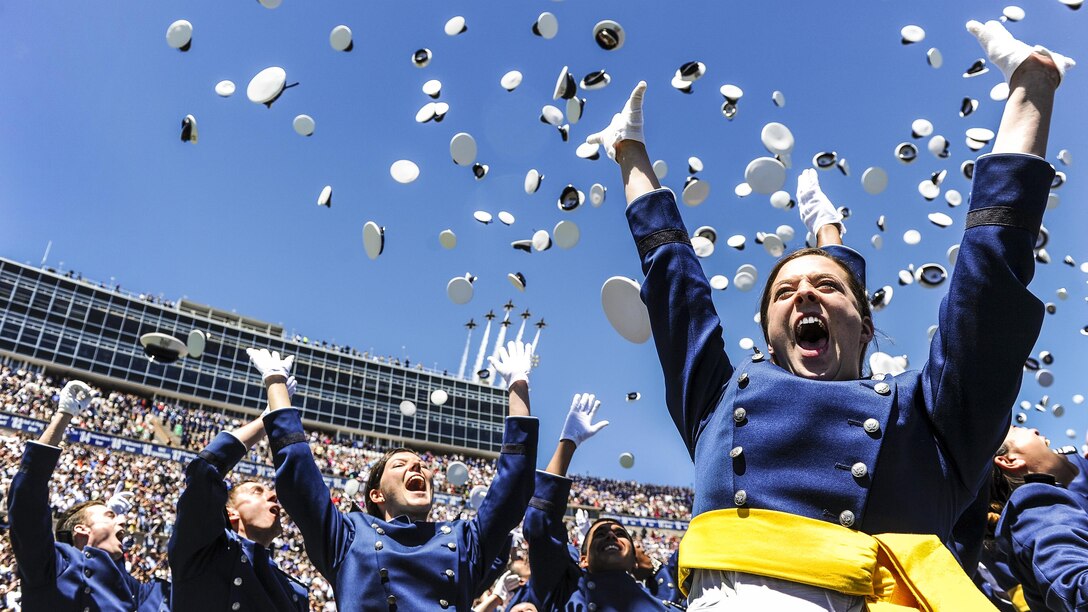Air Force second lieutenants celebrate during their graduation ceremony at the Air Force Academy in Colorado Springs, Colo., May 24, 2017. Marine Corps Gen. Joe Dunford, chairman of the Joint Chiefs of Staff, delivered the commencement address. Air Force photo by Tech. Sgt. Julius Delos Reyes