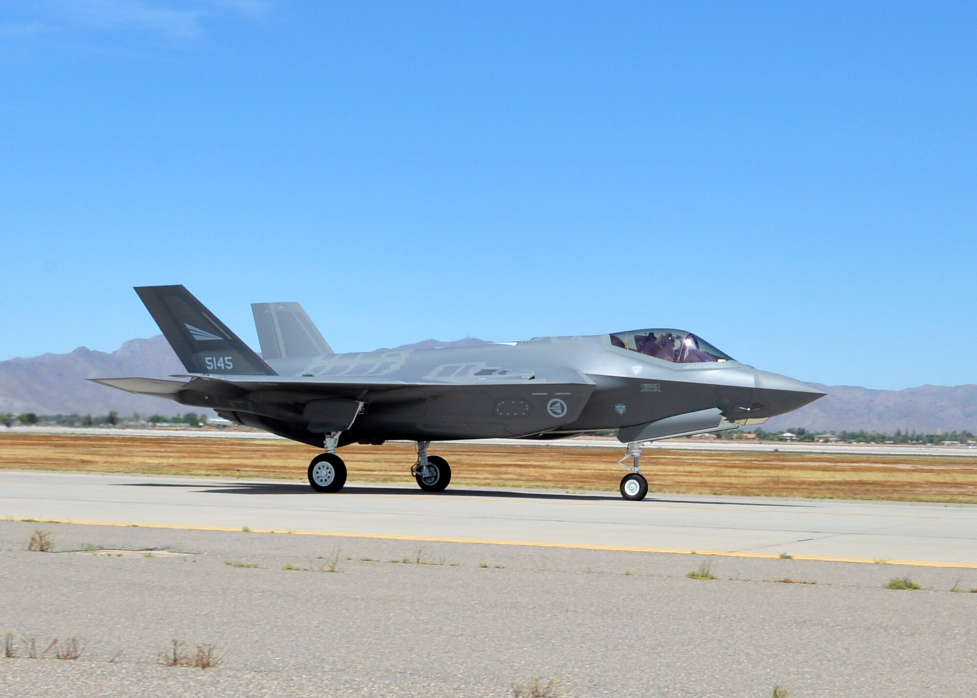 A Norwegian F-35 taxis in after landing at Luke Air Force Base, Arizona on May 25, 2017. This is the fifth Norwegian F-35 to arrive at Luke. (U.S. Air Force photo by Staff Sgt. Marcy Copeland)