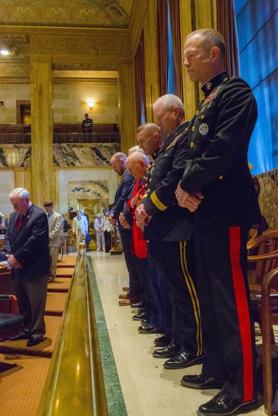 Maj. Gen. Burke Whitman (foreground), commanding general of 4th Marine Division, Marine Forces Reserve, stands with others senior military members for a moment of silence at the Louisiana House of Representatives, in Baton Rouge, La., May 25, 2017. State representative and service members gathered at the Louisiana House of Representatives to honor service members during the Memorial Day Commemoration. The commemoration honors all those who currently serve and have serve in the military.  ( U.S. Marine Corps photo by Pfc. Melany Vasquez / Released)