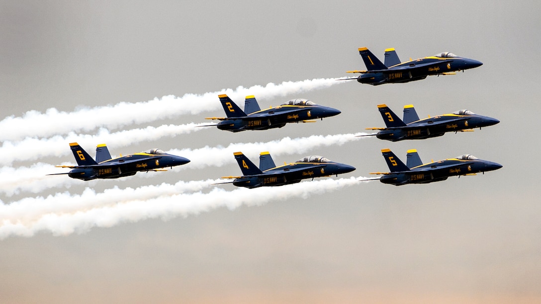 The Blue Angels, the Navy's aerial demonstration team, fly FA-18 Hornets during commissioning week over the U.S. Naval Academy in Annapolis, Md., May 24, 2017. DoD photo by Marvin Lynchard