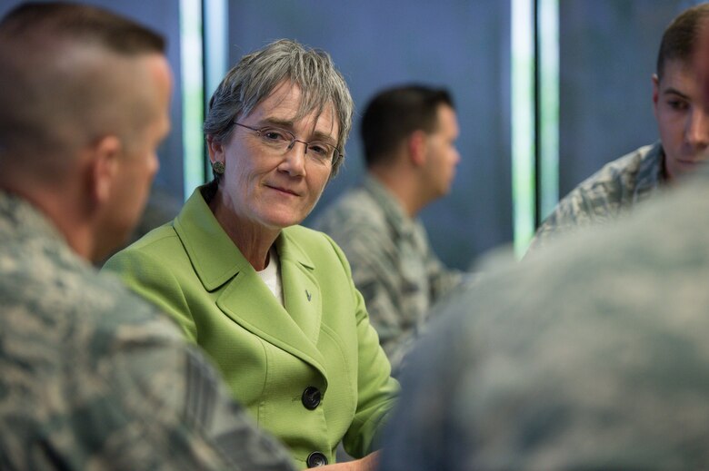 Secretary of the Air Force Heather Wilson listens to Schriever Airmen as they discuss their mission within Air Force Space Command at Schriever Air Force Base, Colorado, Tuesday, May 23, 2017. Wilson is the 24th Secretary of the Air Force. (U.S. Air Force photo/Chris DeWitt)