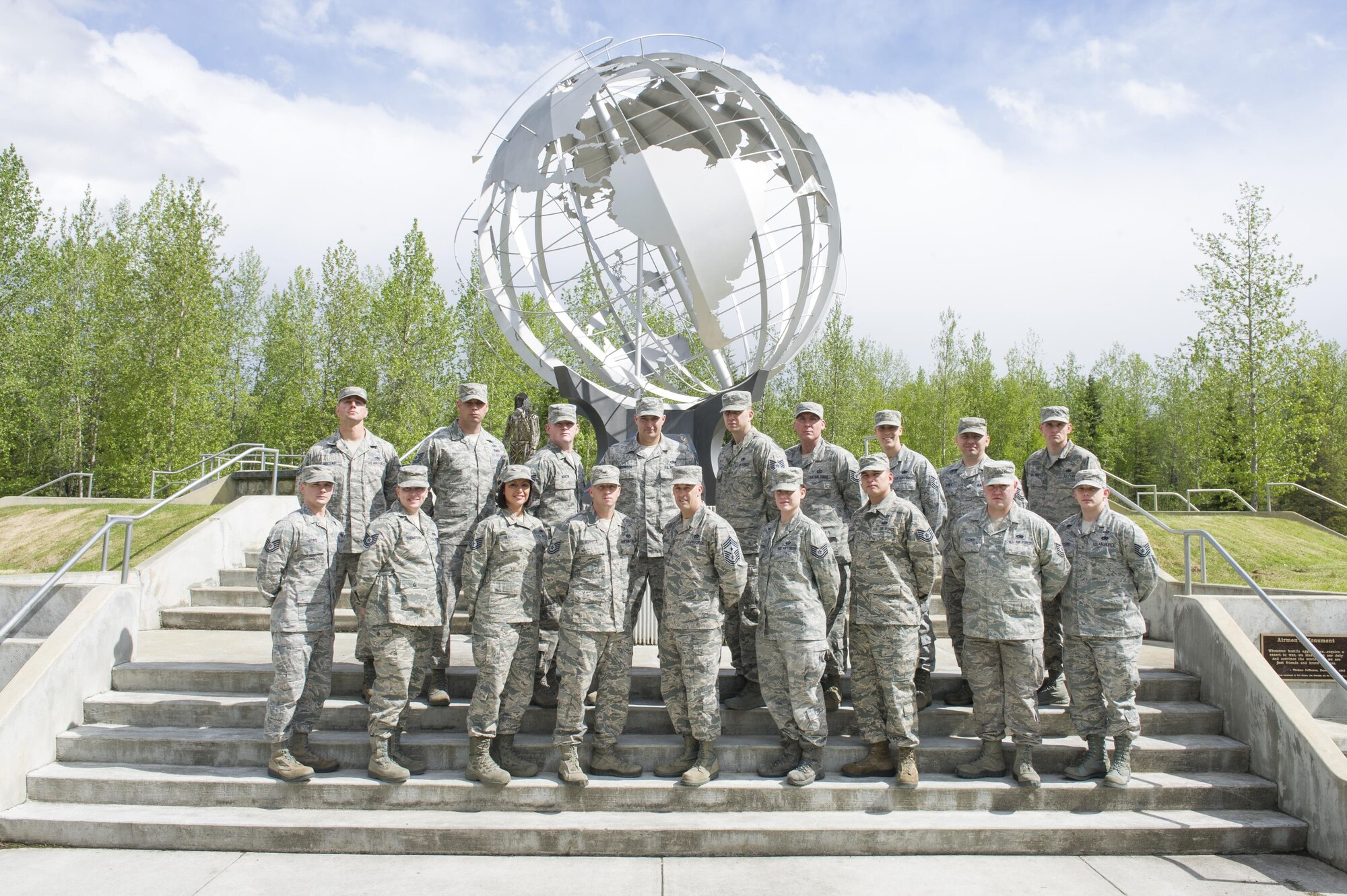 U.S. Air Force Chief Master Sgt. Brent Sheehan, the 354th Fighter Wing Command Chief, stands with the wing's newest Master Sergeant selects May 25, 2017, at Eielson Air Force Base, Alaska. This year the Air Force selected 5,166 Technical Sergeants for promotion to Master Sergeant of the 20,169 eligible. (U.S. Air Force photo by Airman 1st Class Isaac Johnson)