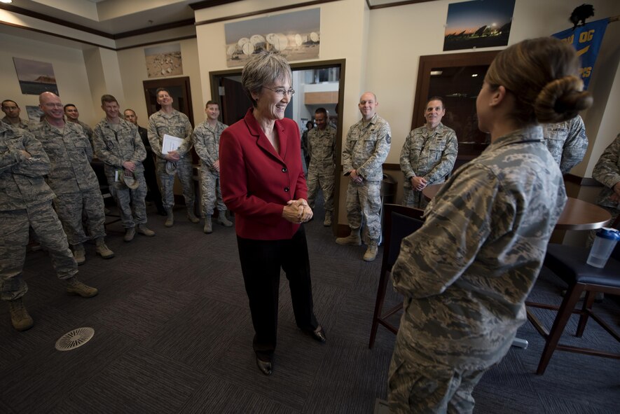 Secretary of the Air Force Heather Wilson engages with Airmen at the 16th Space Control Squadron during her first base visit as SECAF to Peterson Air Force Base, Colo., May 22, 2017. Wilson spent time meeting Airmen assigned to Air Force Space Command's only defensive space control unit. (U.S. Air Force photo by Airman 1st Class Dennis Hoffman)