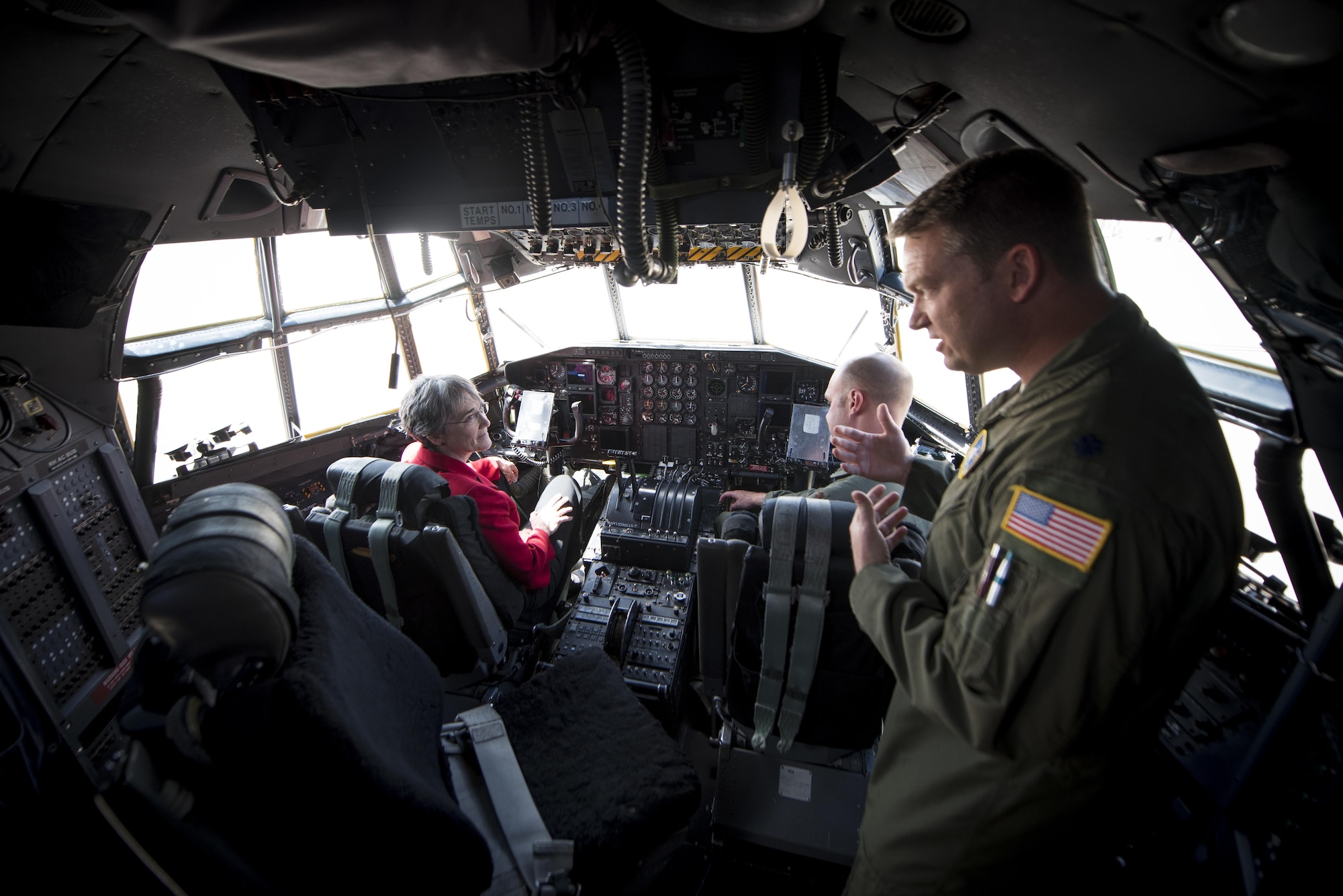 Secretary of the Air Force Heather Wilson engages with pilots assigned to the 302nd Airlift Wing in the cockpit of a C-130 Hercules aircraft during her first base visit to Peterson Air Force Base, Colo., May 22, 2017. Wilson toured Peterson AFB on her first official base visit as secretary and learned about the numerous mission partners housed on the base. (U.S. Air Force photo by Airman 1st Class Dennis Hoffman)