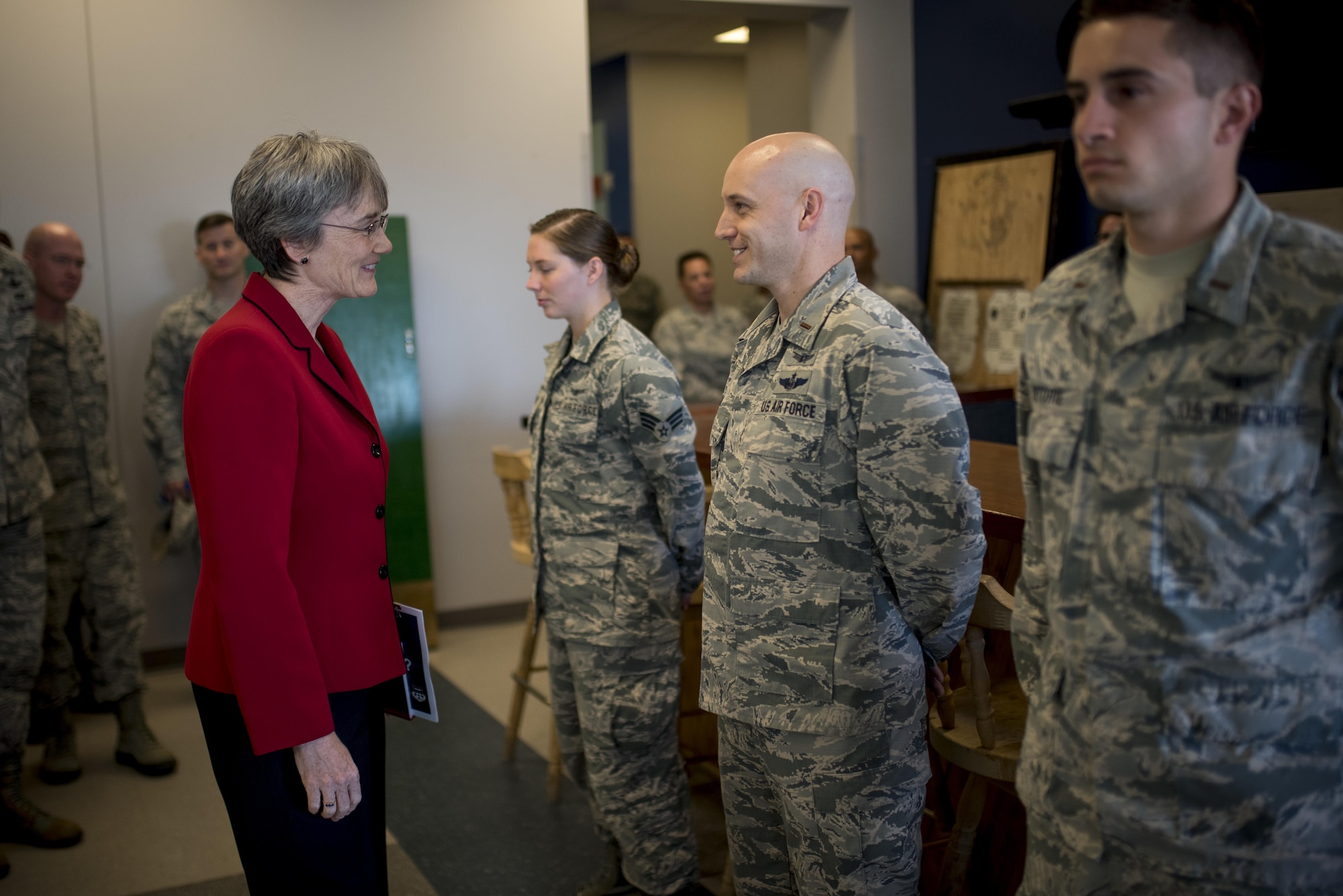 Secretary of the Air Force Heather Wilson speaks with 2nd Lt. Trevis Day, 4th Space Control Squadron crew commander, during her first base visit as SECAF to Peterson Air Force Base, Colo., May 22, 2017. Wilson met with Airmen who execute space control operations in support of Air Force Space Command and combatant commander priorities. (U.S. Air Force photo by Airman 1st Class Dennis Hoffman)