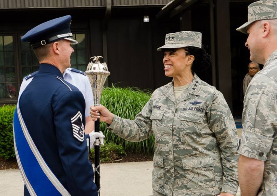Assistant Vice Chief of Staff and Director, Air Staff Lt. Gen. Stayce D. Harris speaks with Drum Major, Senior Master Sgt. Daniel Valadie, during her visit to the U.S. Air Force Band. (U.S. Air Force photos/CMSgt Bob Kamholz/released)
