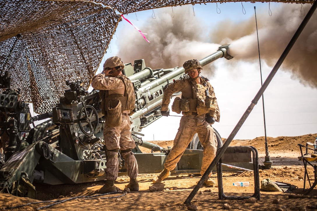 U.S. Marines with the 11th Marine Expeditionary Unit fire an M777 Howitzer during a fire mission in northern Syria as part of Operation Inherent Resolve, Mar. 24, 2017.  The unit provided 24/7 support in all weather conditions to allow for troop movements, to include terrain denial and the subduing of enemy forces. More than 60 regional and international nations have joined together to enable partnered forces to defeat ISIS and restore stability and security. CJTF-OIR is the global Coalition to defeat ISIS in Iraq and Syria. 