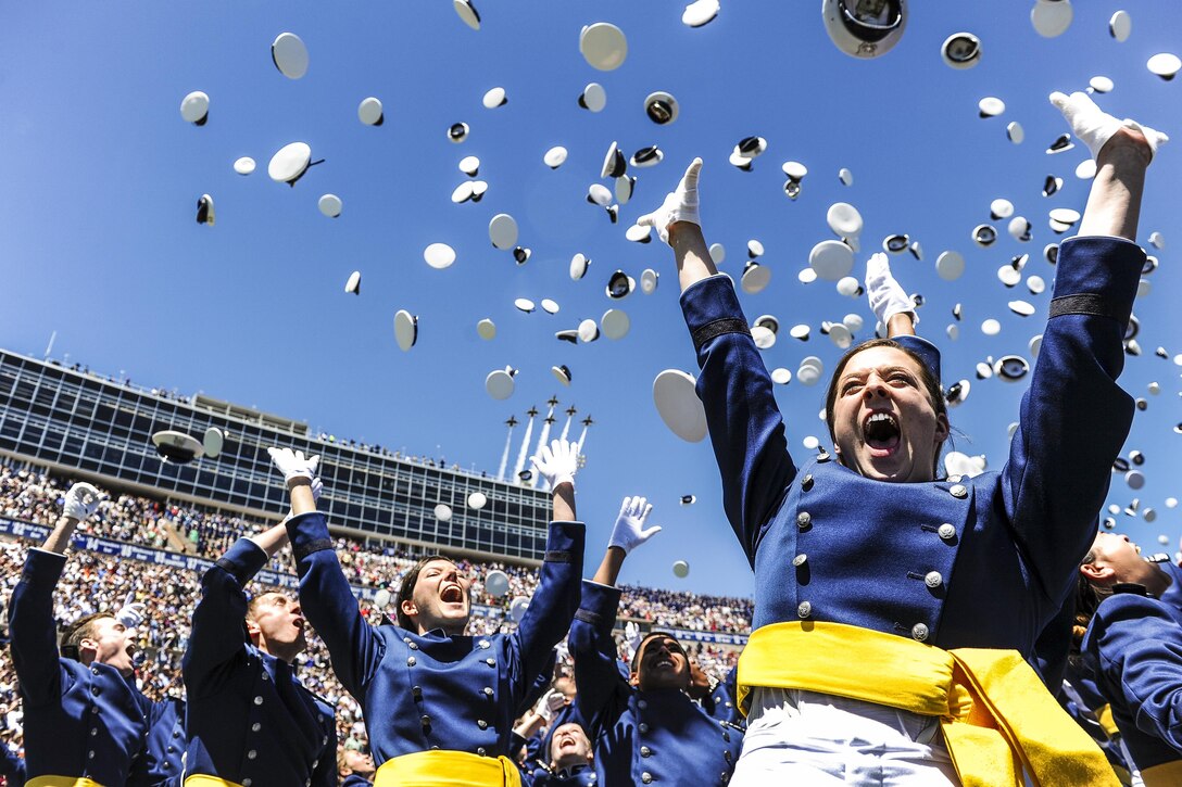 Air Force second lieutenants celebrate during their graduation ceremony at the Air Force Academy in Colorado Springs, Colo., May 24, 2017. Marine Corps Gen. Joe Dunford, chairman of the Joint Chiefs of Staff, delivered the commencement address. Air Force photo by Tech. Sgt. Julius Delos Reyes