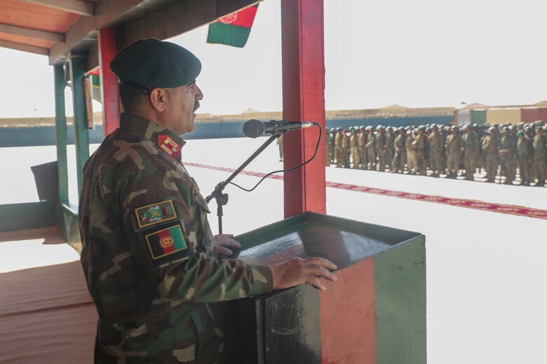 Afghan National Army Brig. Gen. Abdul Hadi Khalil, the 1st deputy commanding general of the 215th Corps, speaks to ANA soldiers with the 2nd Kandak, 4th Brigade during an opening ceremony for an operational readiness cycle at Camp Shorabak, Afghanistan, May 20, 2017. Led by Afghan instructors with the Helmand Province Regional Military Training Center, with advising from U.S. Marines assigned to Task Force Southwest, the eight-week training program is designed to build a capable and enduring force to deny safe havens to insurgents throughout Helmand. (U.S. Marine Corps photo by Sgt. Lucas Hopkins)