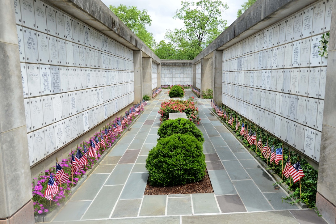 American flags placed by soldiers participating in "Flags In" adorn the Columbarium at Arlington National Cemetery in Arlington, Va., May 25, 2017. DoD photo by Sebastian J. Sciotti Jr.