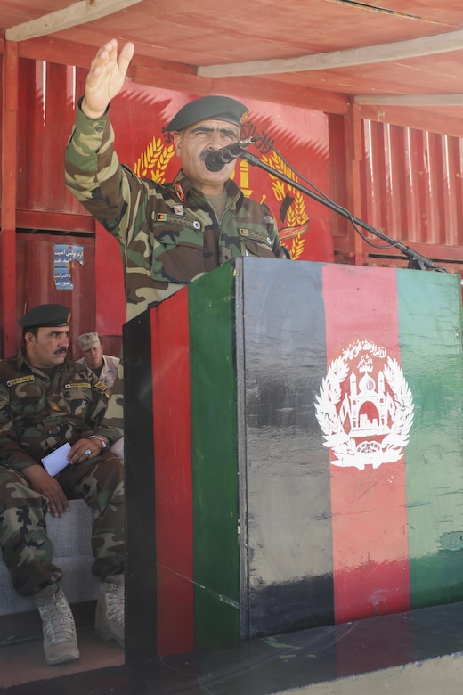 Afghan National Army Brig. Gen. Abdul Hadi Khalil, the 1st deputy commanding general of the 215th Corps, speaks to ANA soldiers with the 2nd Kandak, 4th Brigade during an opening ceremony for an operational readiness cycle at Camp Shorabak, Afghanistan, May 20, 2017. U.S. Marine advisors with Task Force Southwest will assess and make recommendations for sustainment and improvements throughout the eight-week course, which is led by the Helmand Province Regional Military Training Center. More than 600 ANA soldiers will develop their technical and tactical infantry skills to help thwart enemy presence in the region. (U.S. Marine Corps photo by Sgt. Lucas Hopkins)