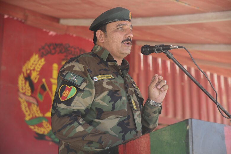 Afghan National Army Sgt. Maj. Rais Khan Paktiawal, the command sergeant major of the 215th Corps, speaks to ANA soldiers with the 2nd Kandak, 4th Brigade during an opening ceremony for an operational readiness cycle at Camp Shorabak, Afghanistan, May 20, 2017. Approximately 15 U.S. Marine advisors with Task Force Southwest will assess and advise instructors with the Helmand Province Regional Military Training Center throughout the eight-week training program. The ORC is designed to develop mission-ready kandaks to enhance security and stability in Helmand. (U.S. Marine Corps photo by Sgt. Lucas Hopkins)